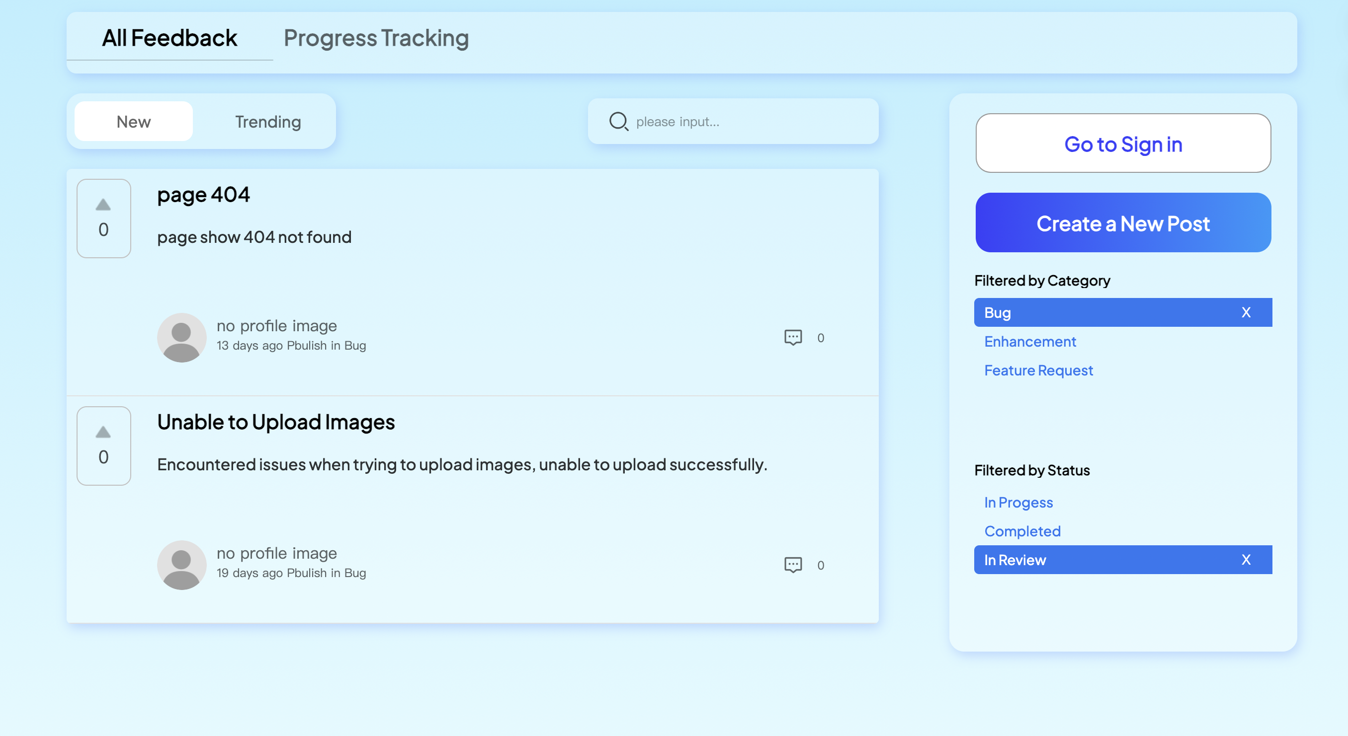 Feedback tool homepage