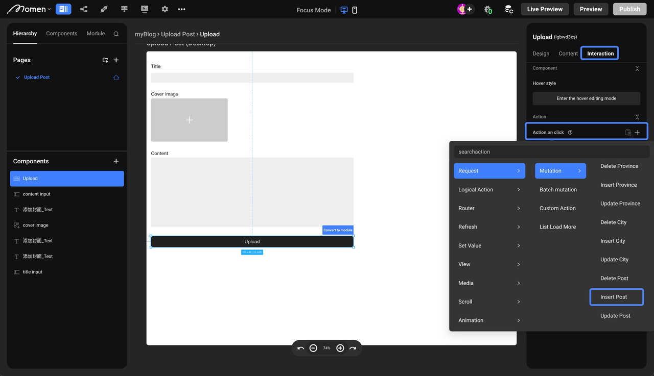 Bind upload action
