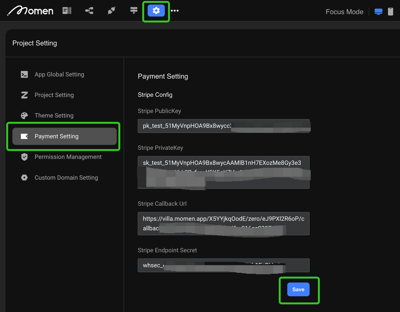 Save payment settings