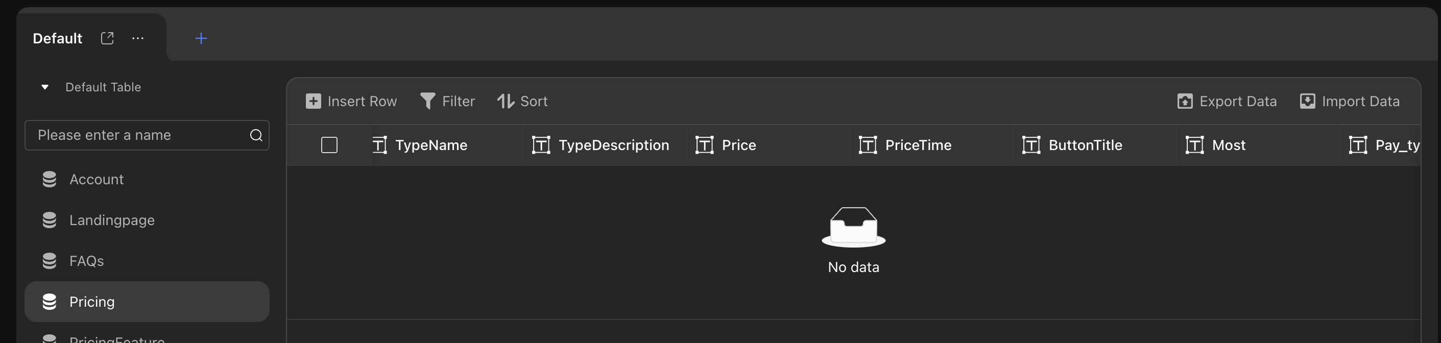 Pricing data table example