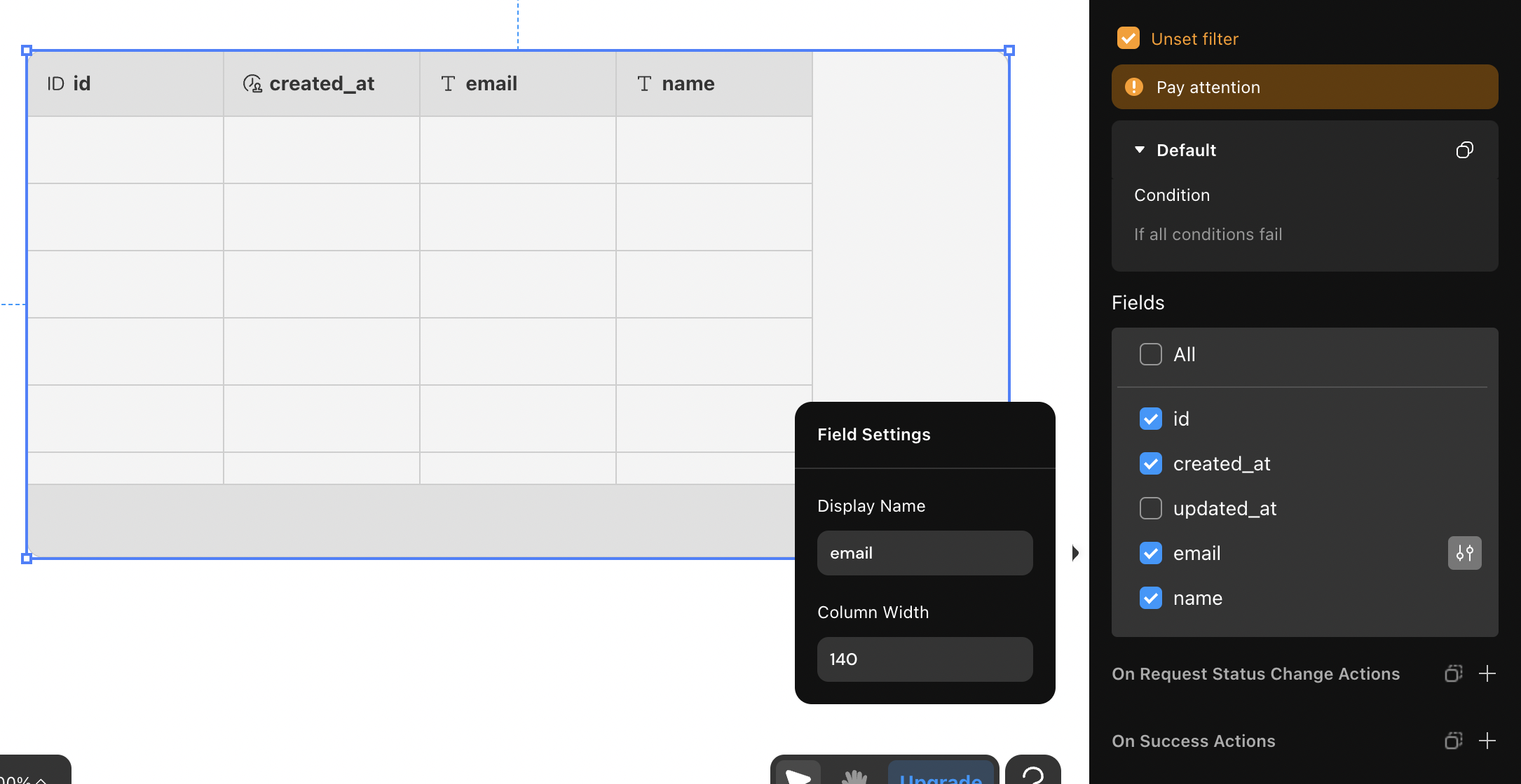 Table data configuration