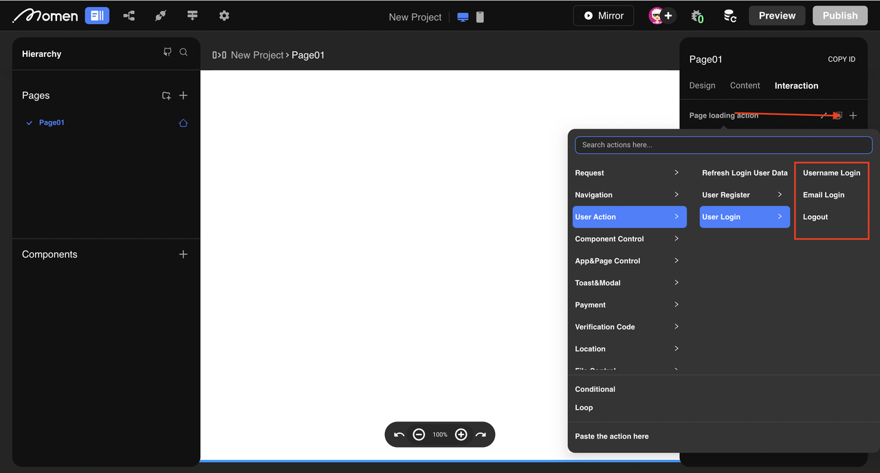 User login action in Momen