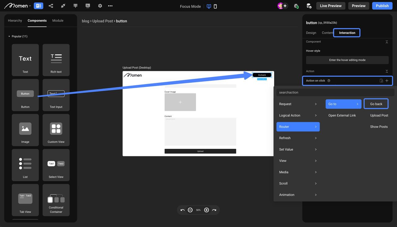 No-code tool editor showing how to build a blog web app