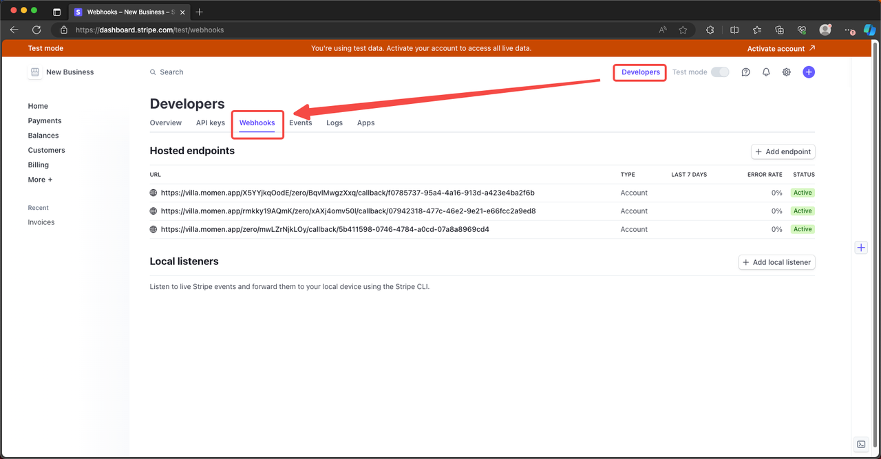 Configure webhooks in Stripe