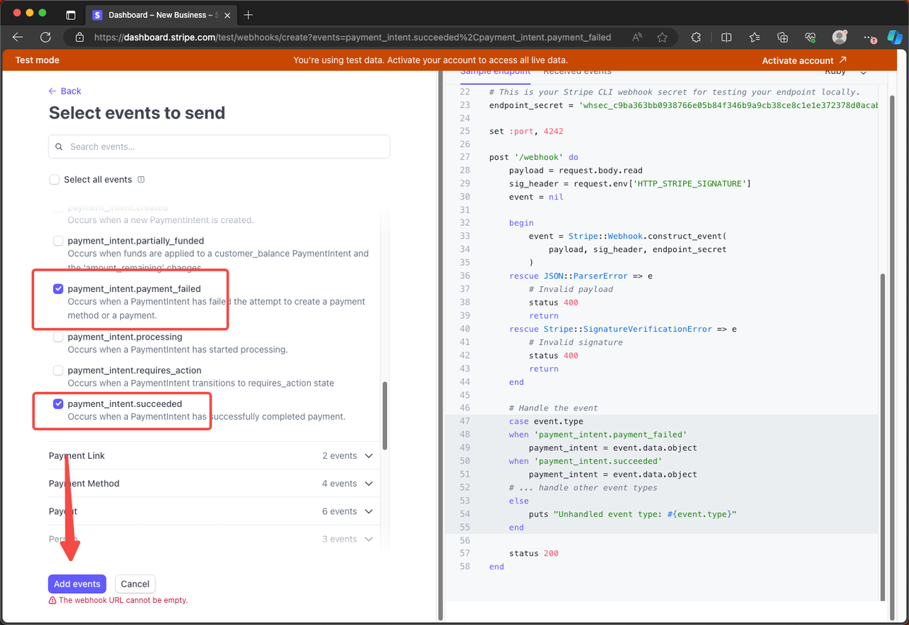 Select events in Stripe