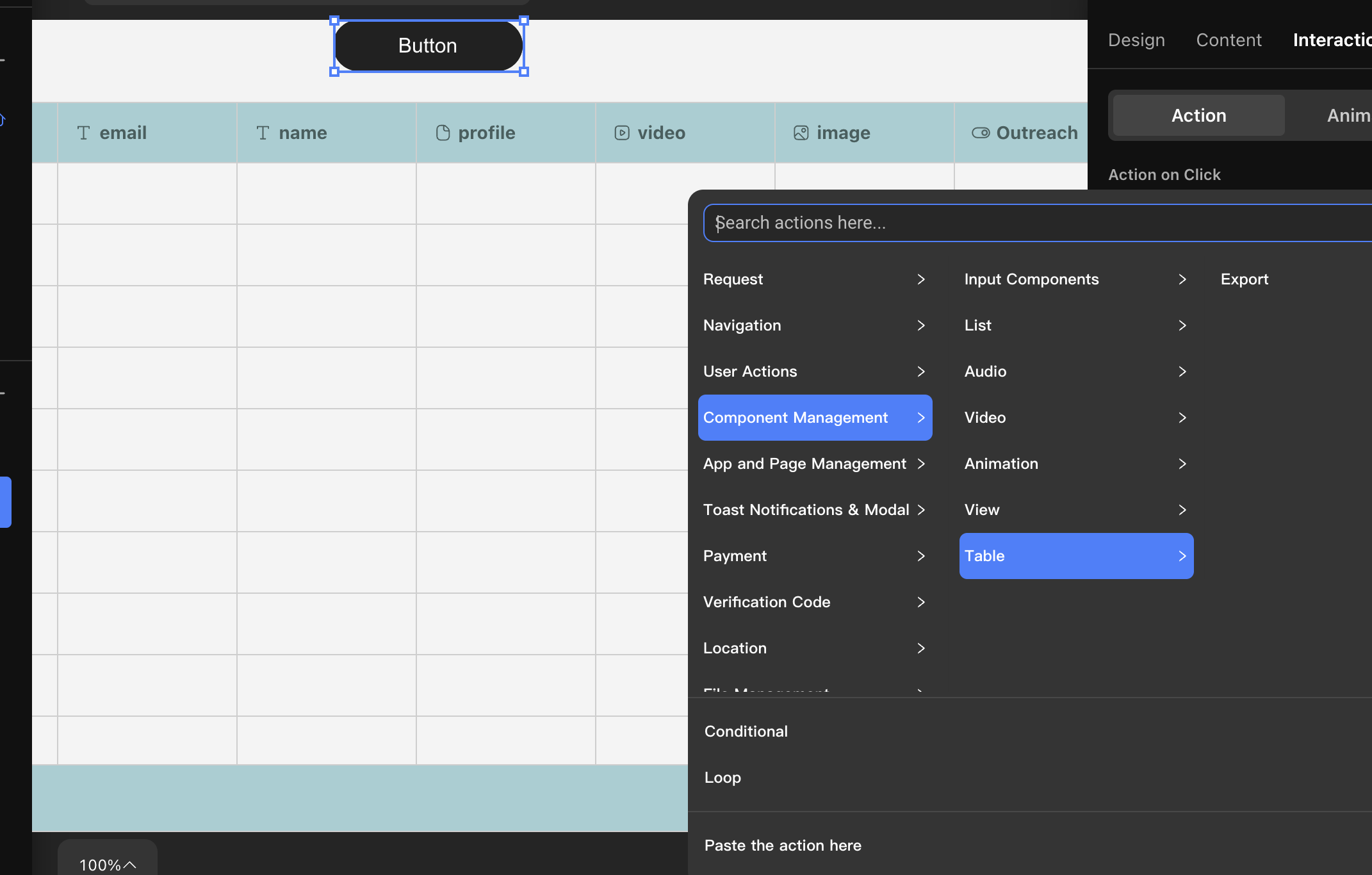 Export table action
