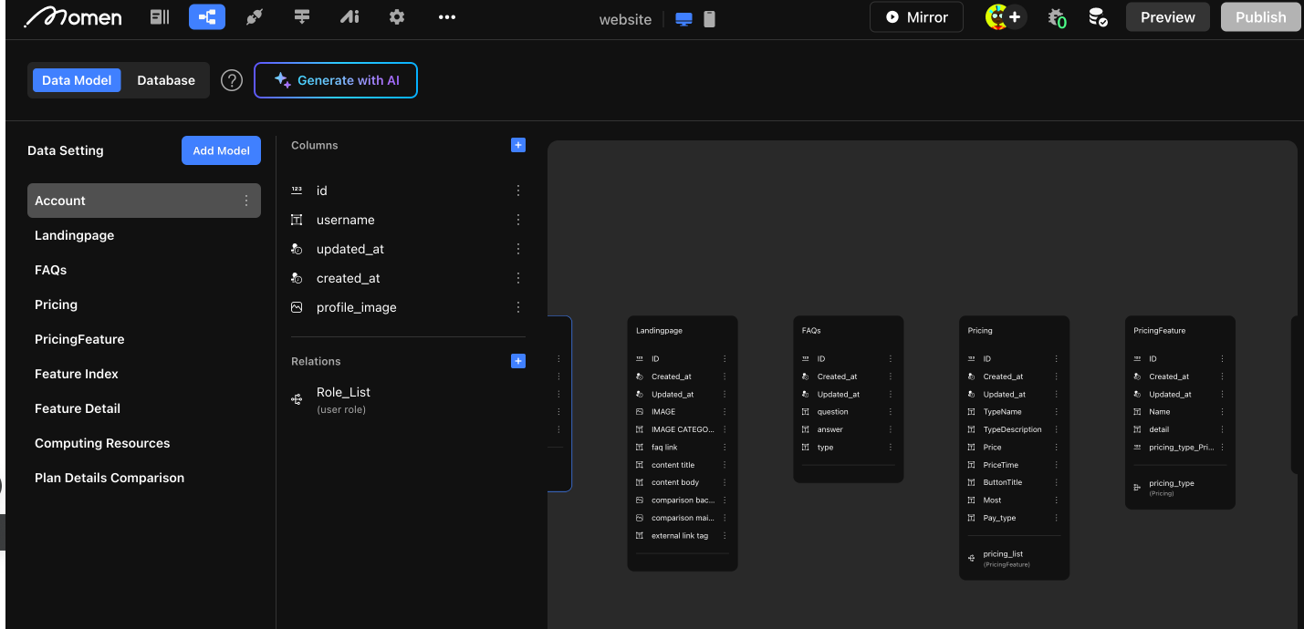 Account data table example
