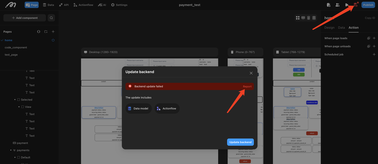 Report backend update failure