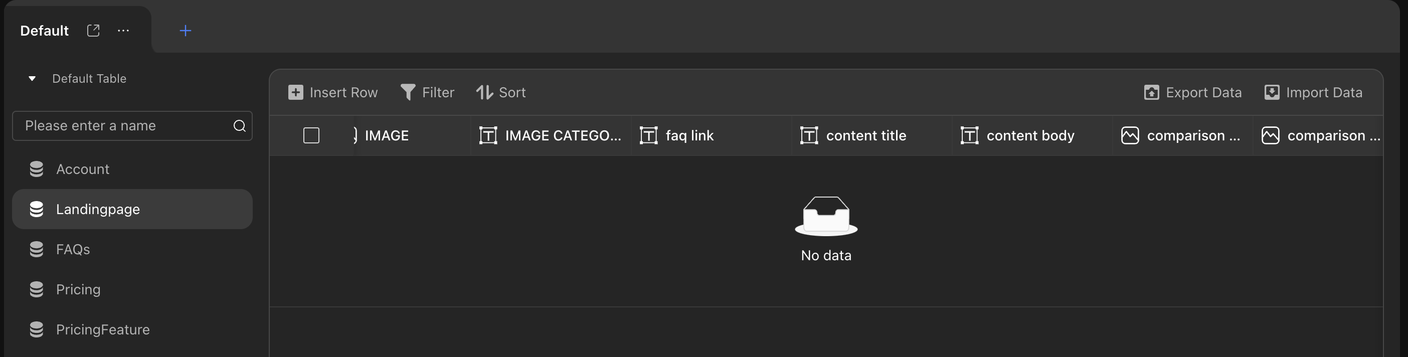 Landing page data table example