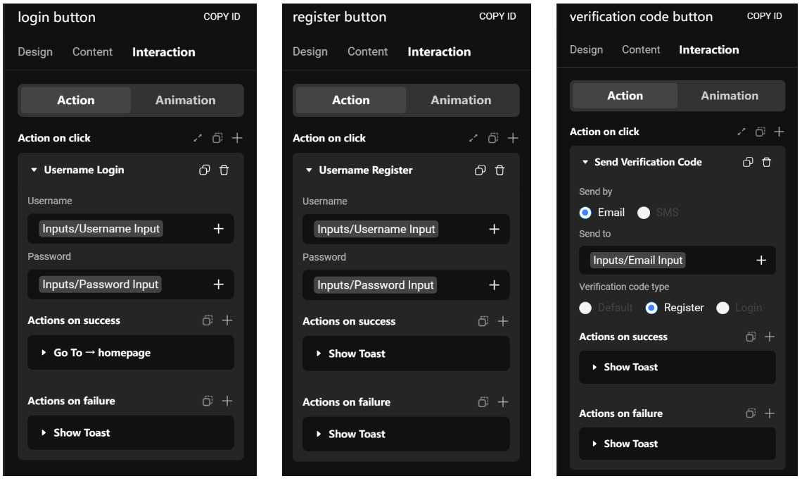 Send Verification, Username Register, Username Login
