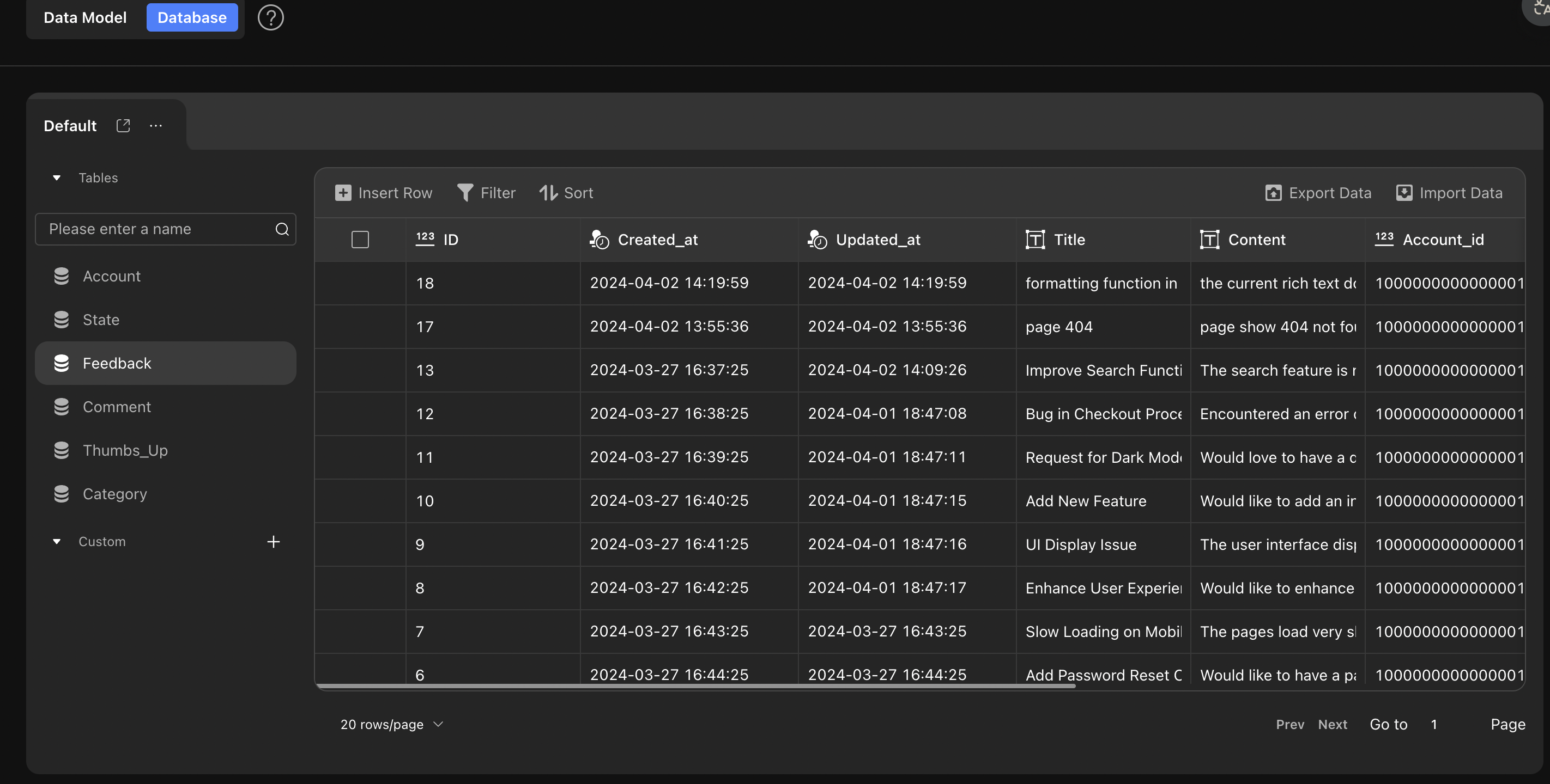 Data manipulation in the database