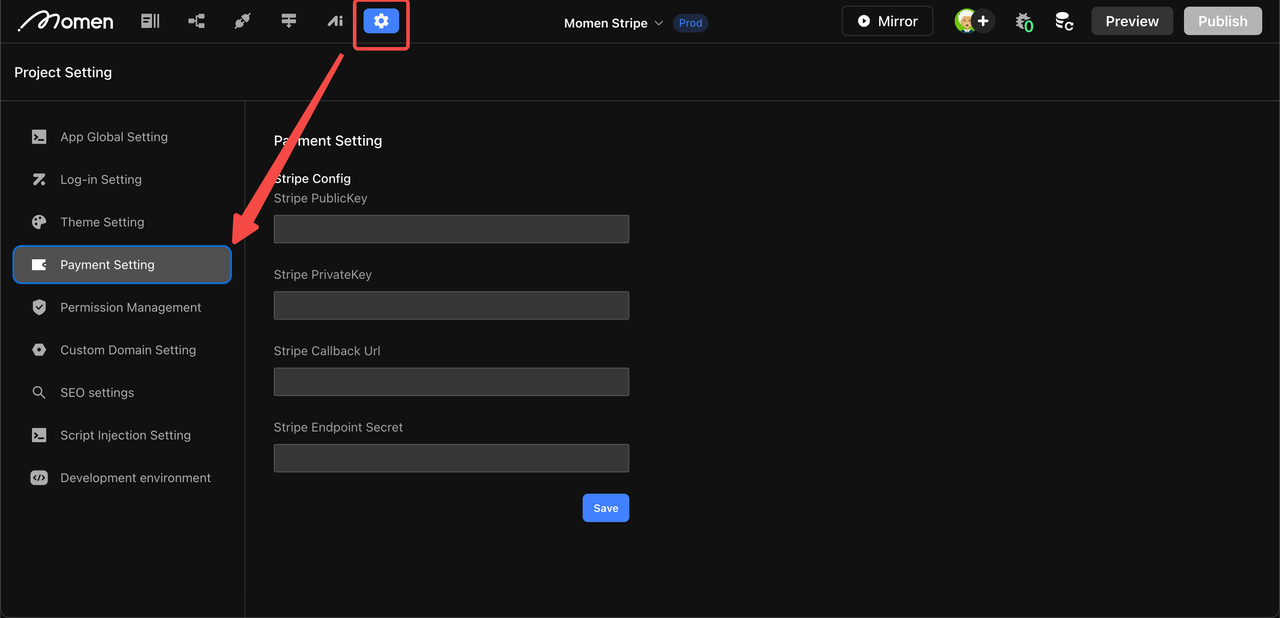 Payment settings in Momen