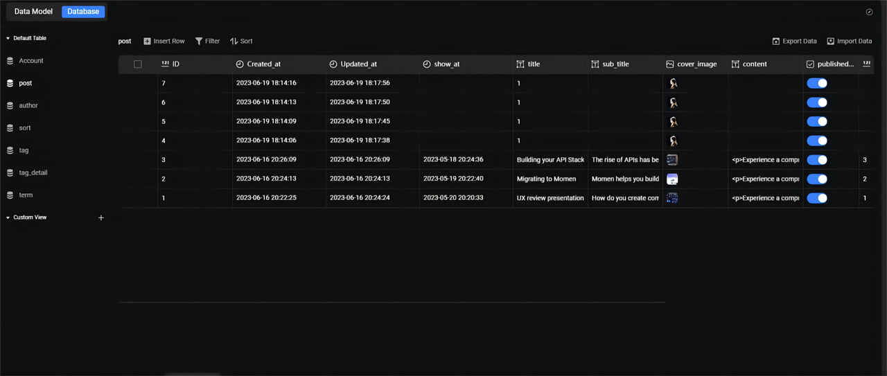 Selecting a data table for editing