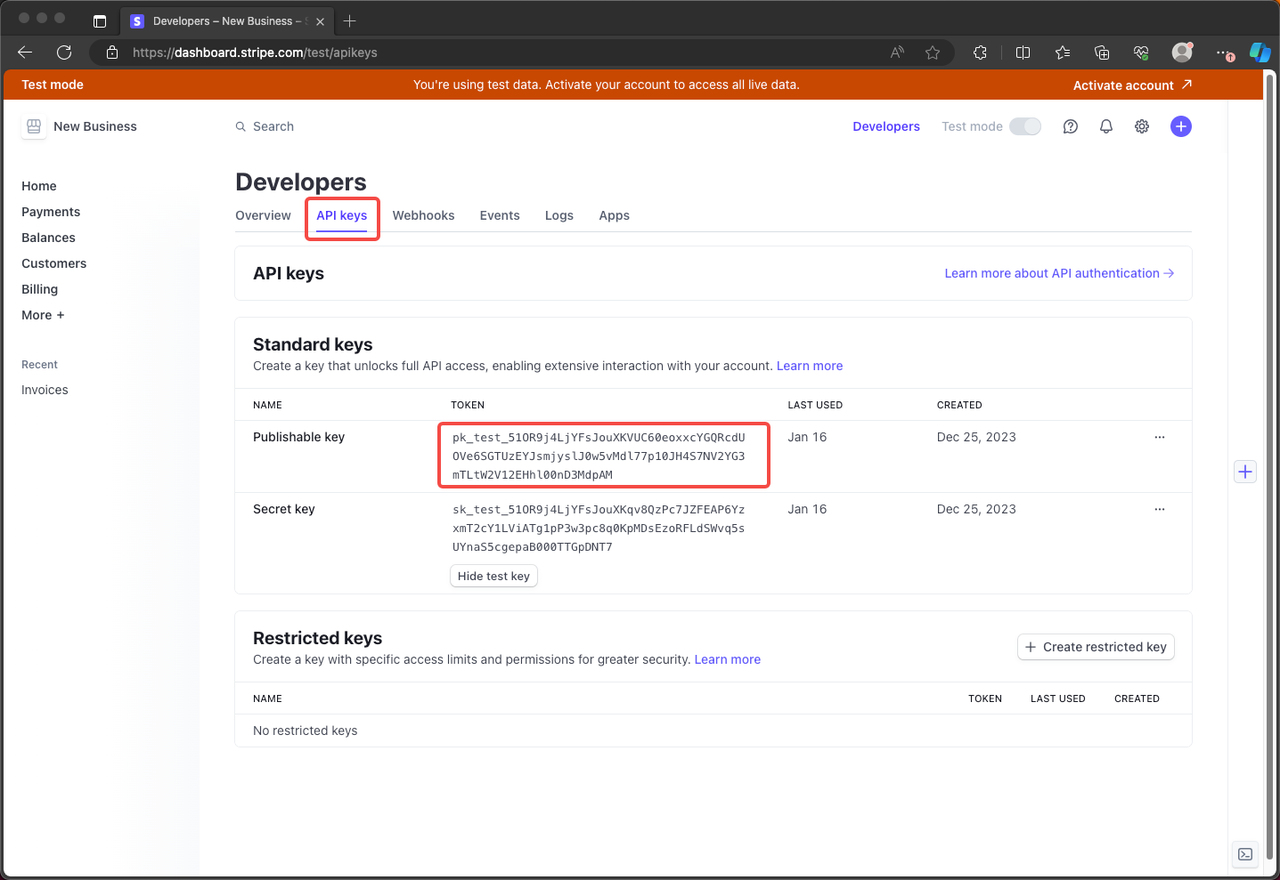 Stripe API keys