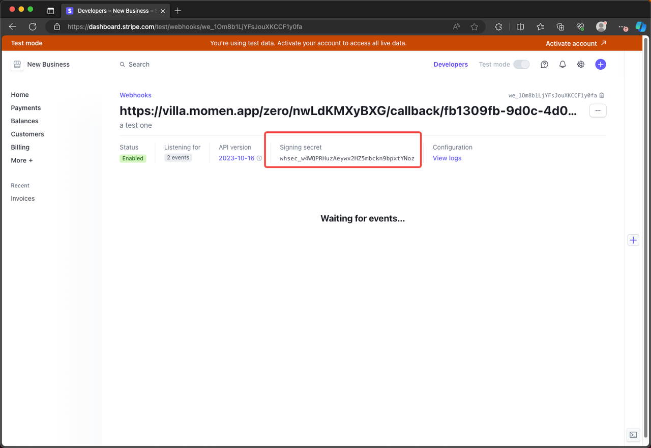 Set callback URL and endpoint secret