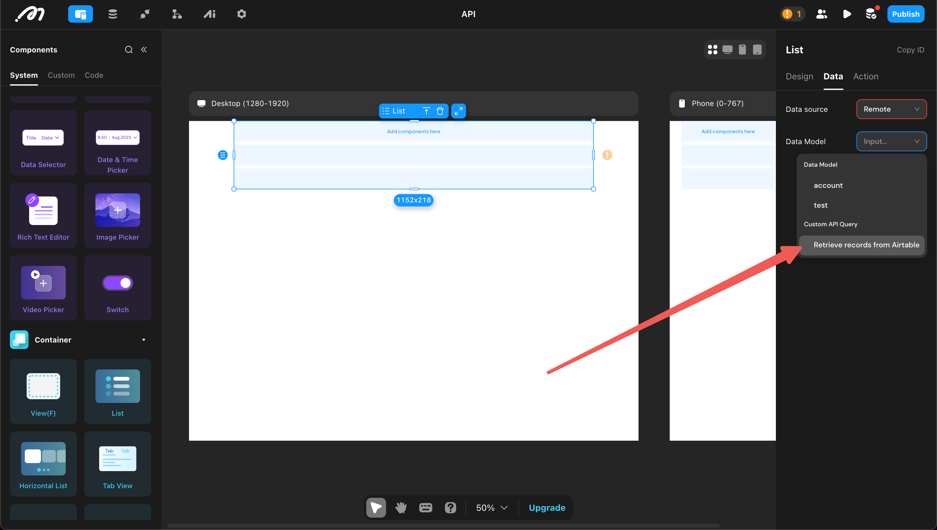 Select API as data source