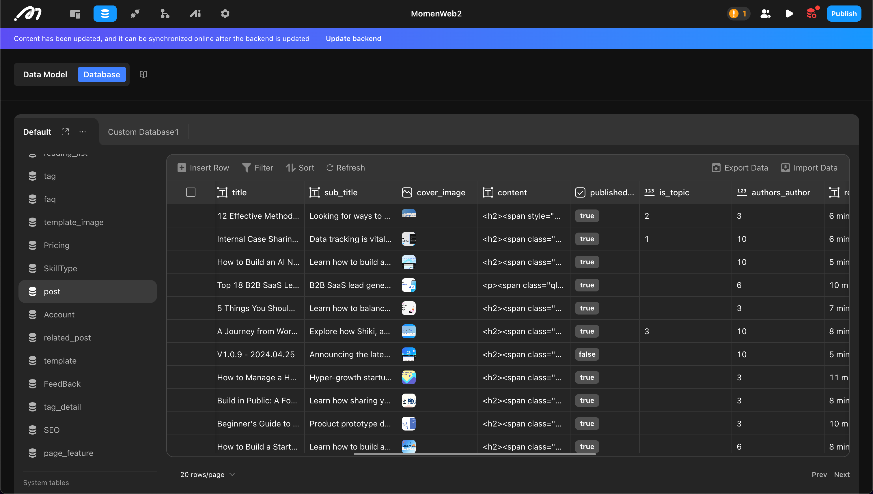 Data model and database interface