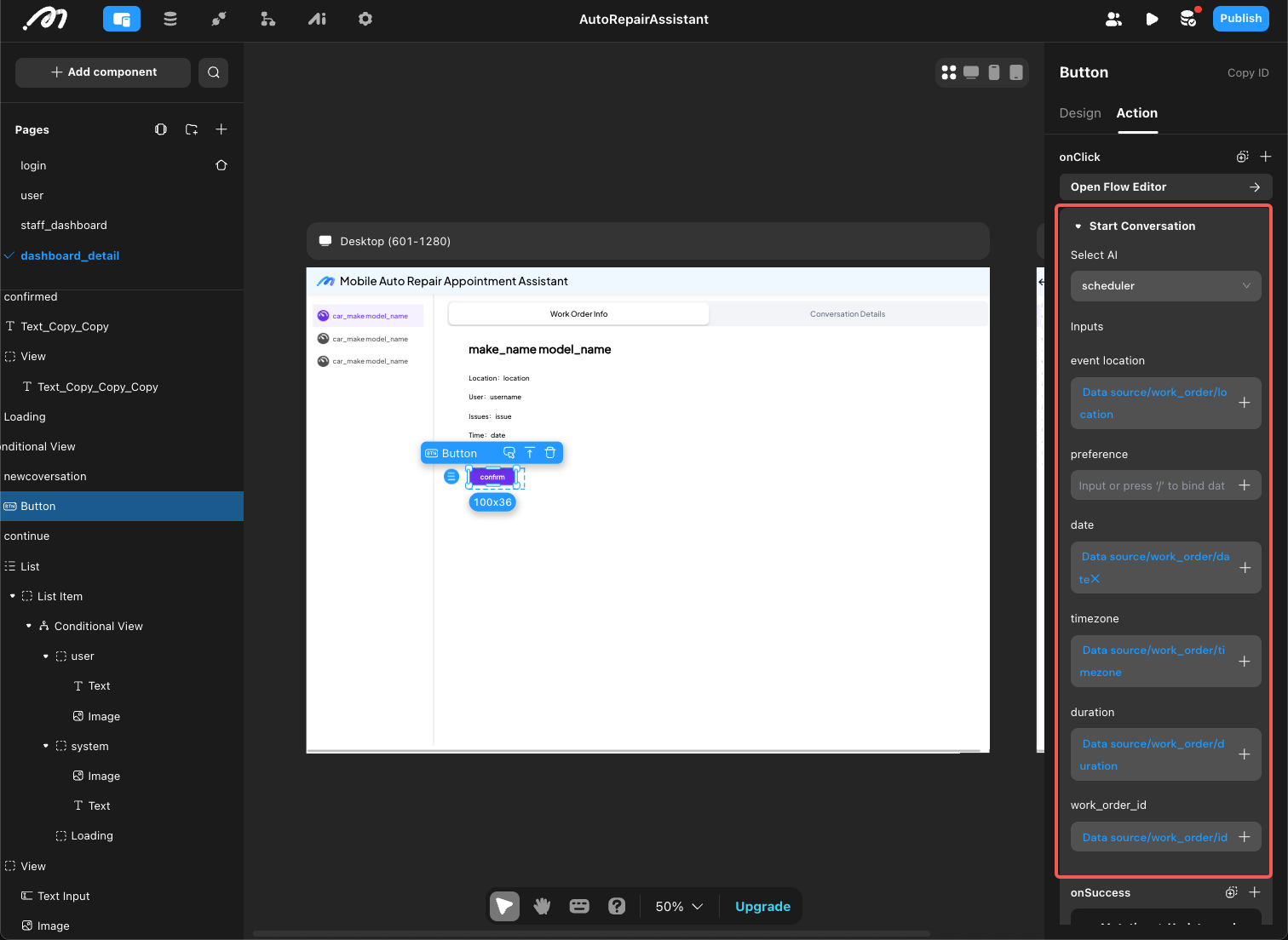 Assign values to action input parameters