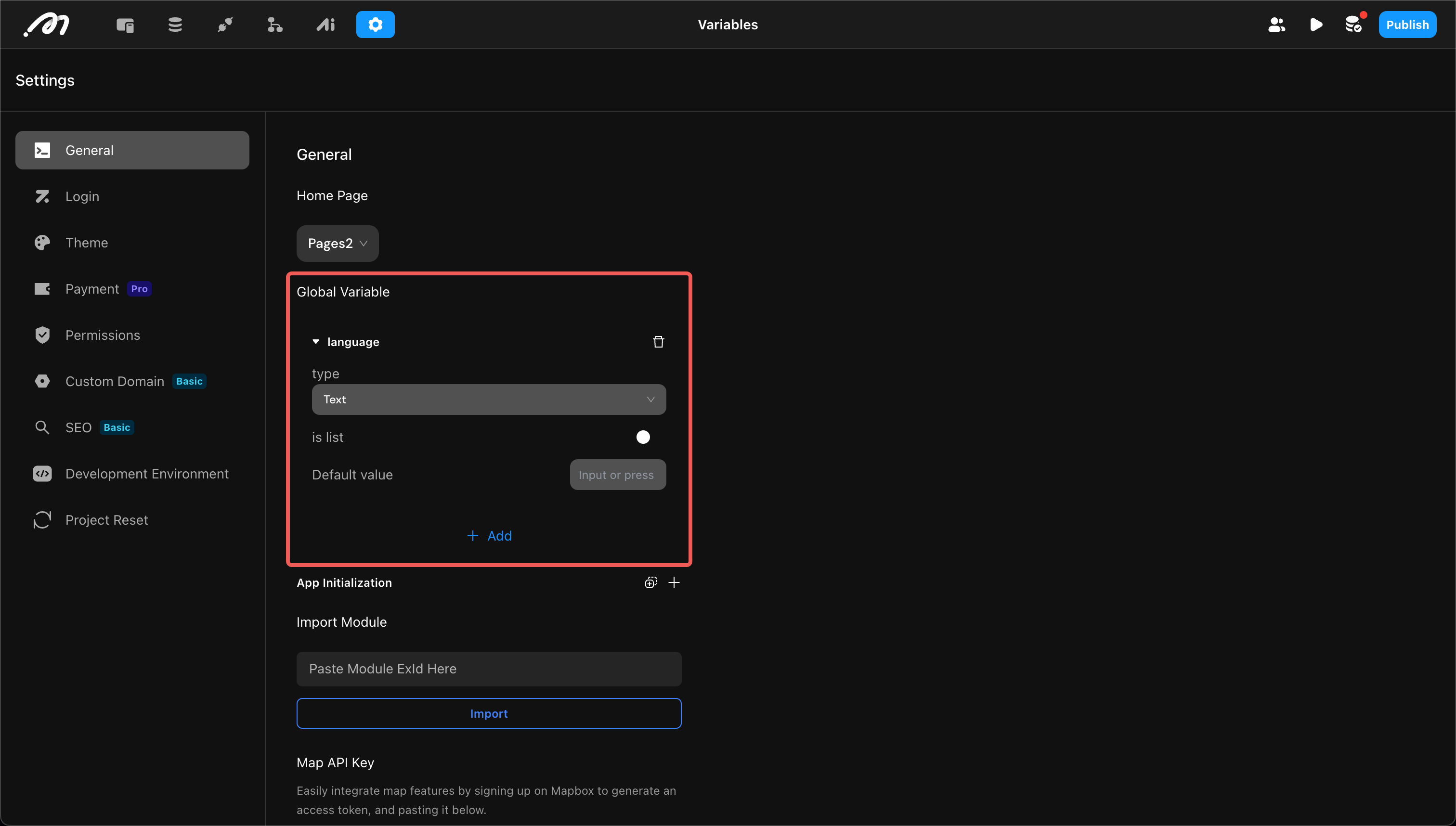 Define global variable in settings