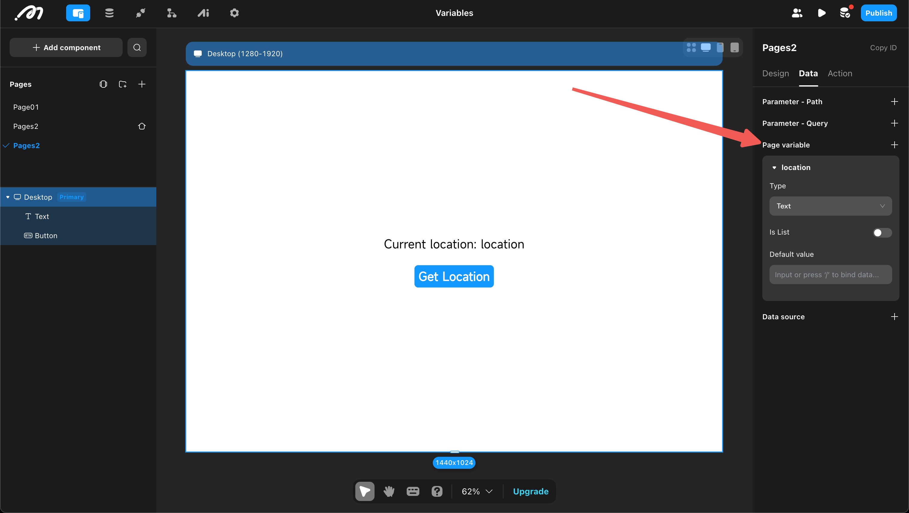 Define page variable in page data settings