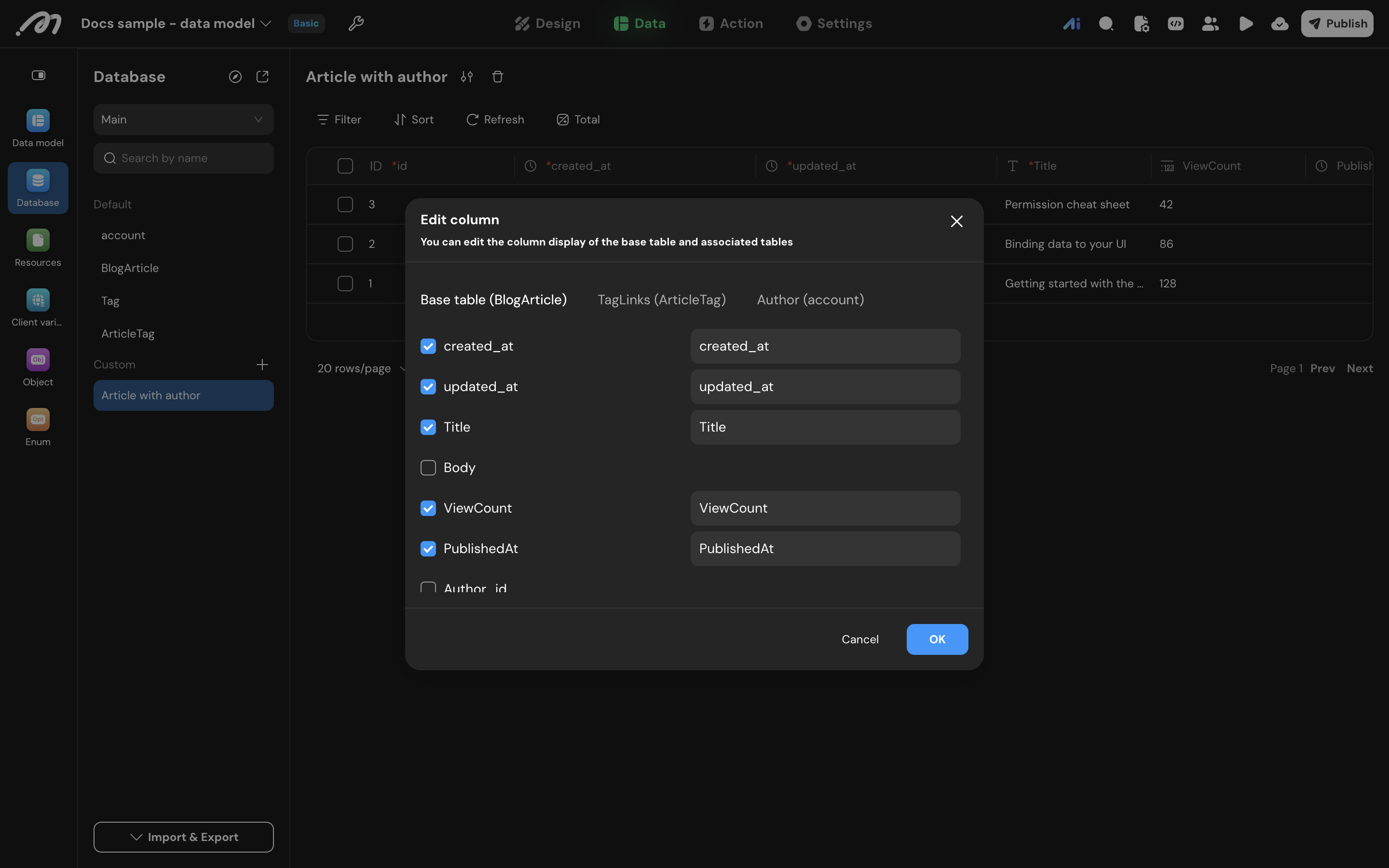 Edit visible columns