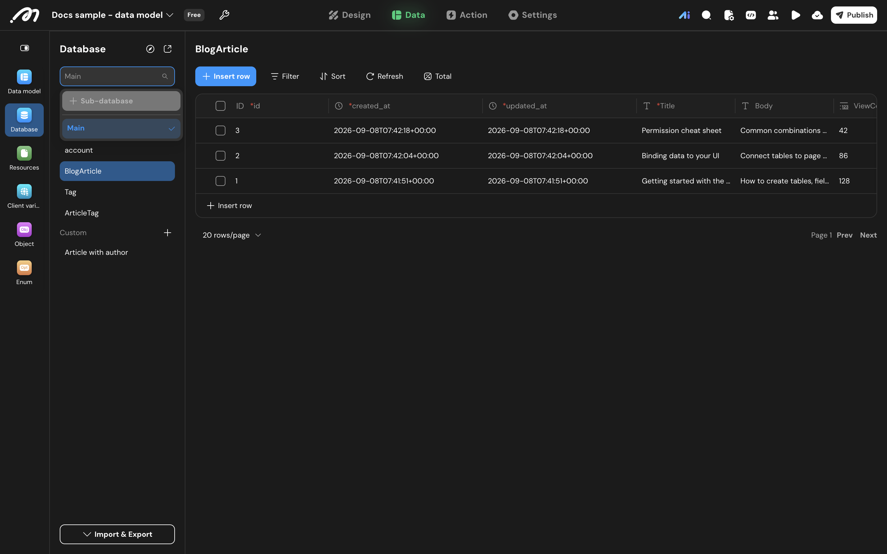 Switch between the main database and sub-databases