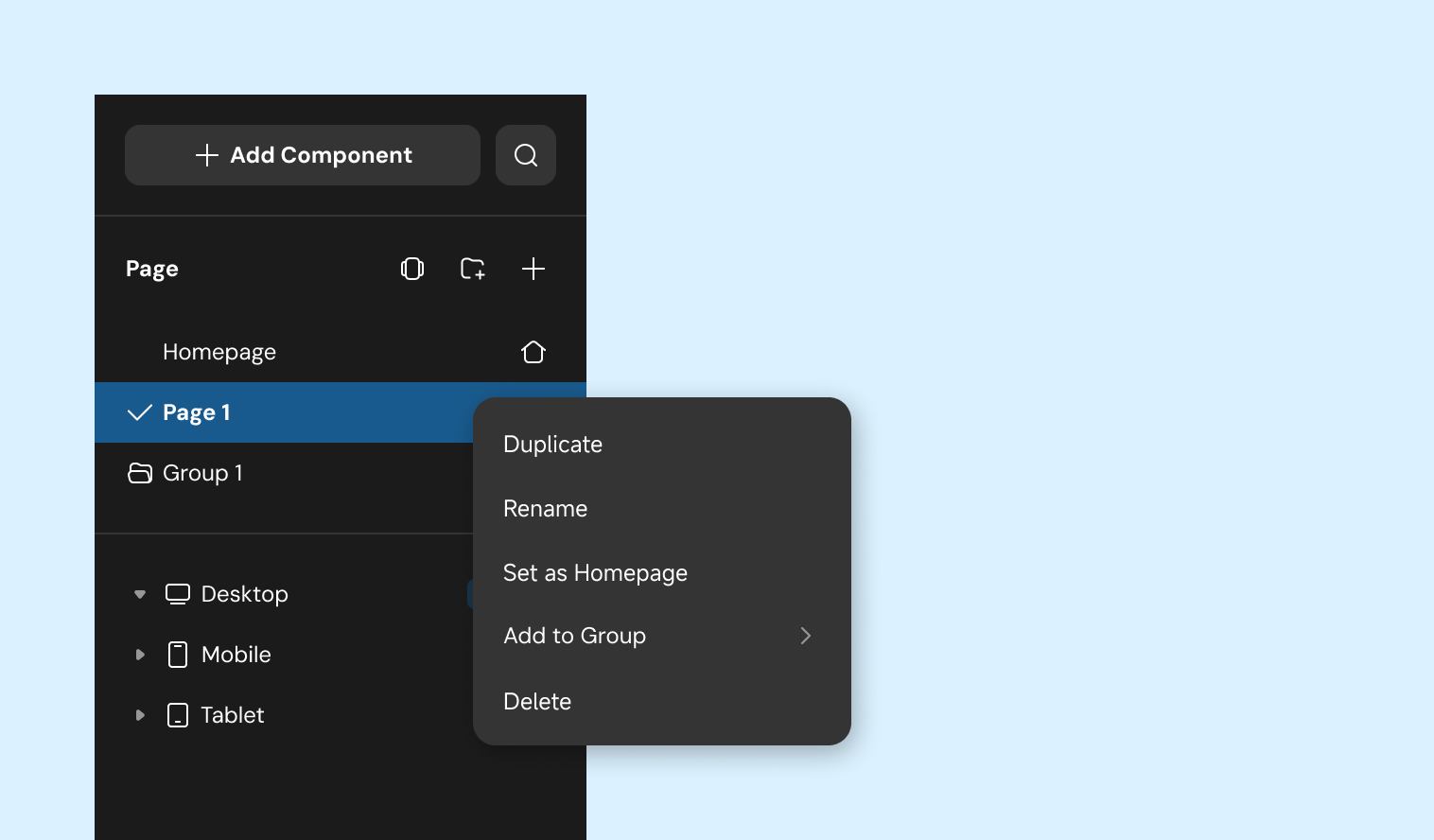Page right-click menu