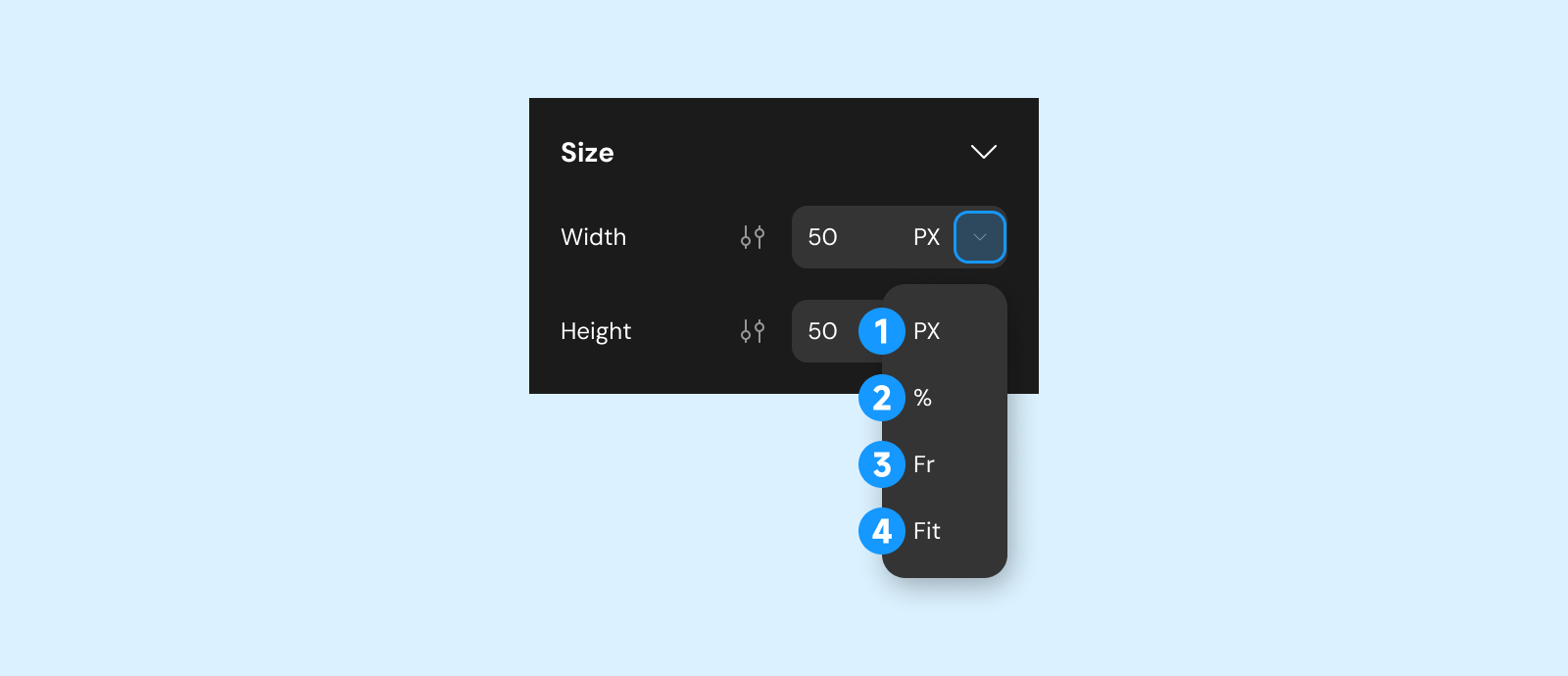 Size configuration section