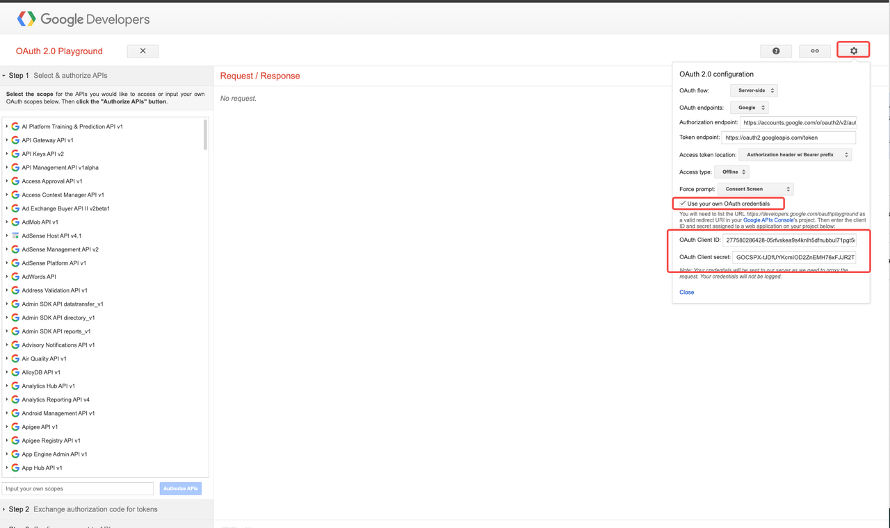Set up OAuth Playground client info