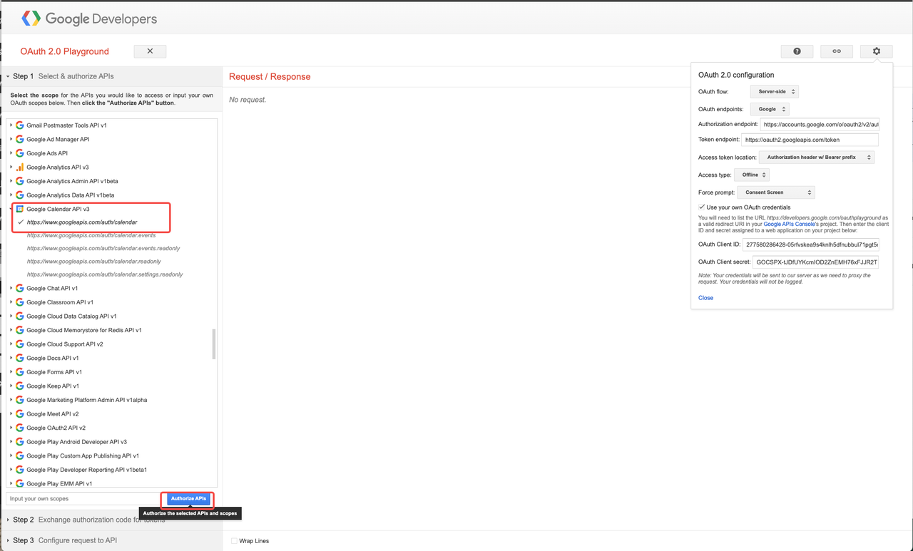 Authorize APIs in OAuth Playground