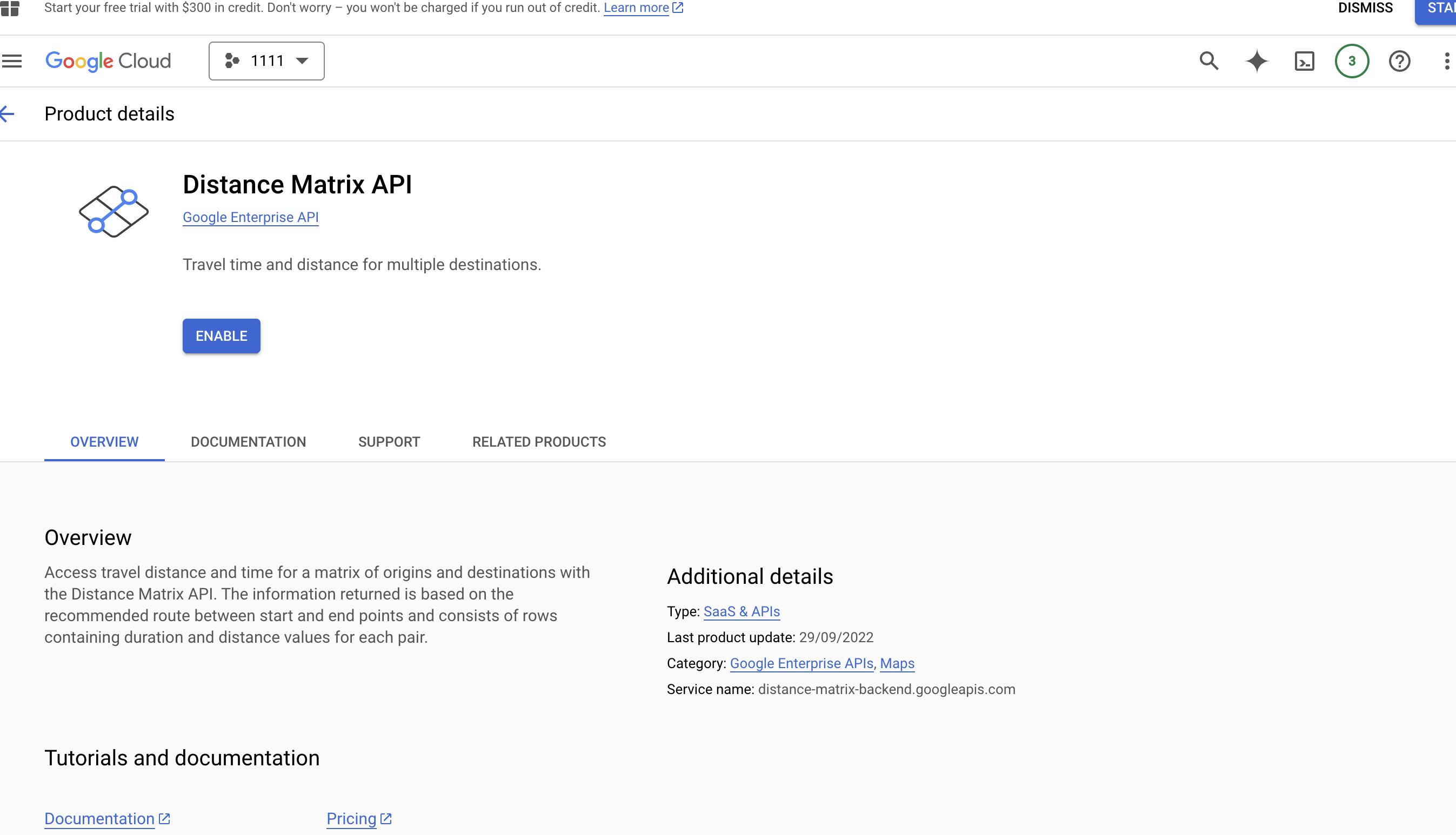Enable Distance Matrix API