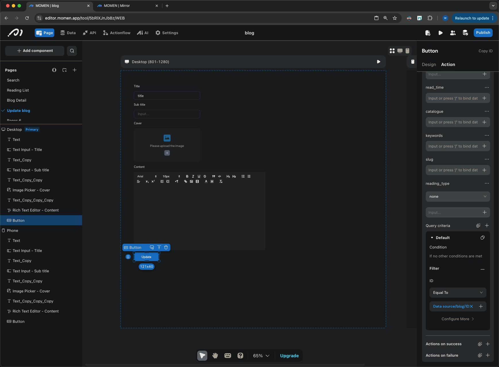 Update action configuration