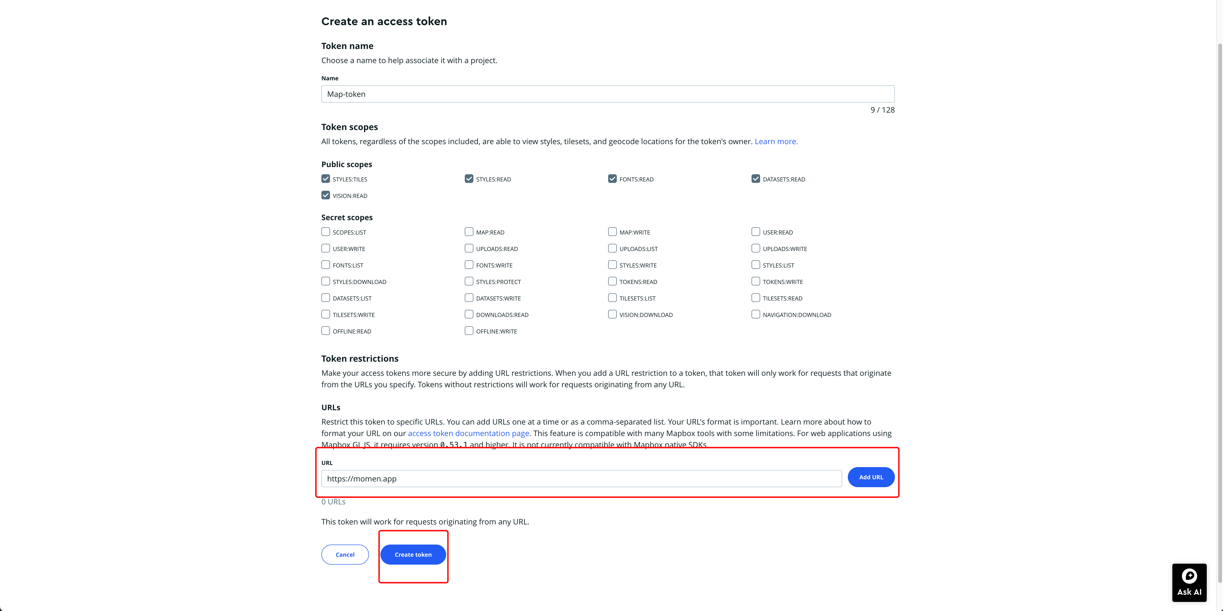 Mapbox token configuration