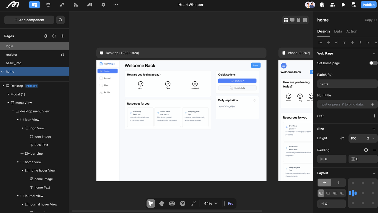Main pages of the template