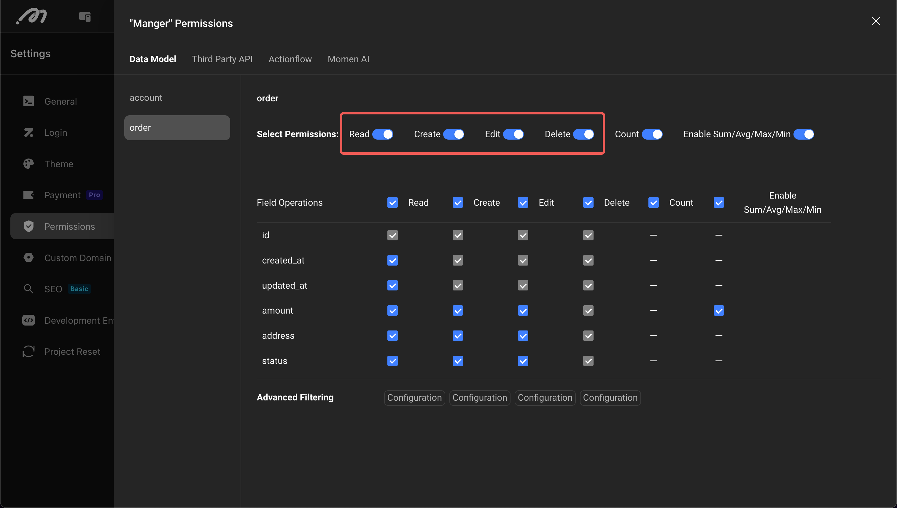 Operation permission configuration