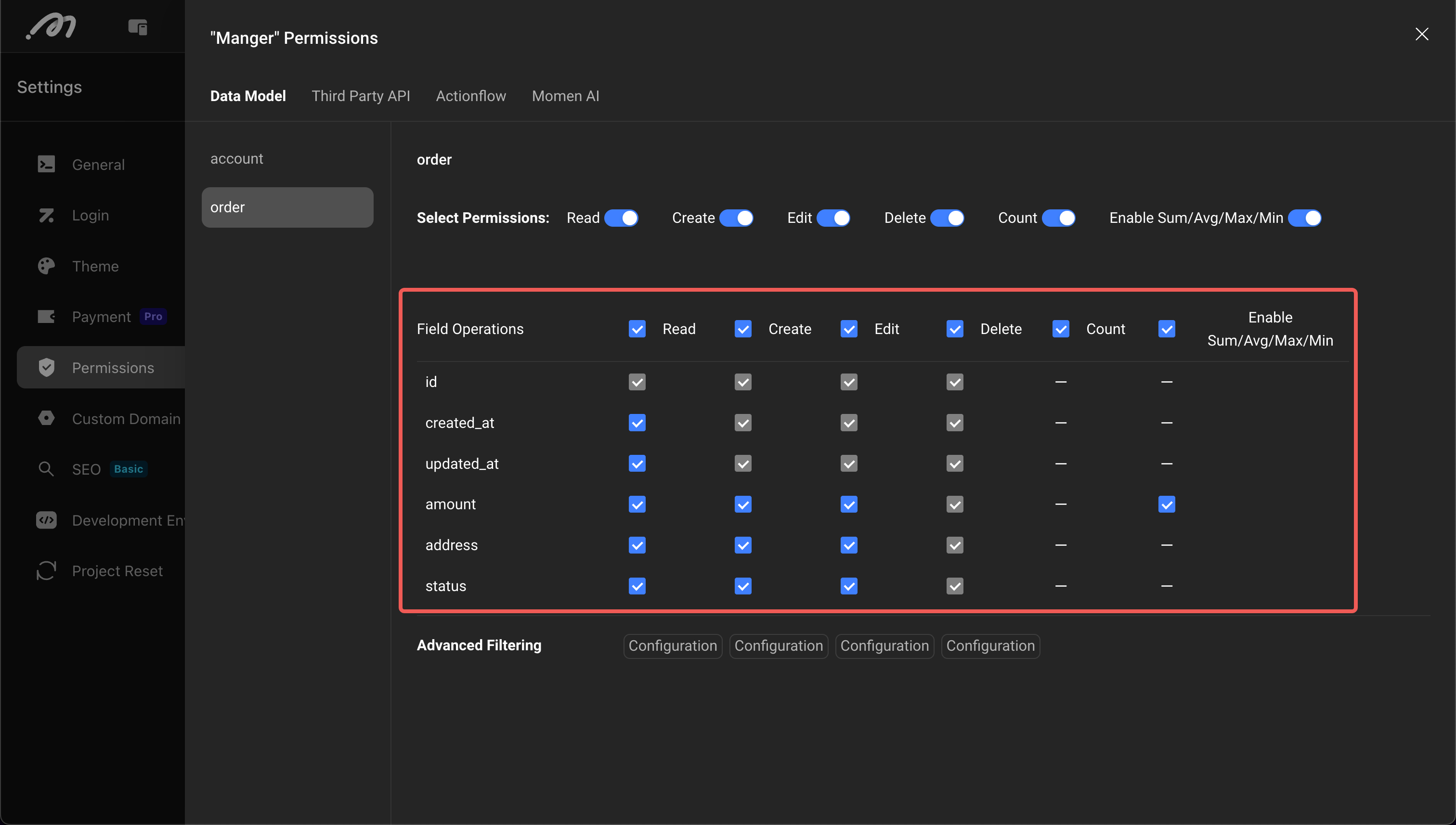 Field permission configuration