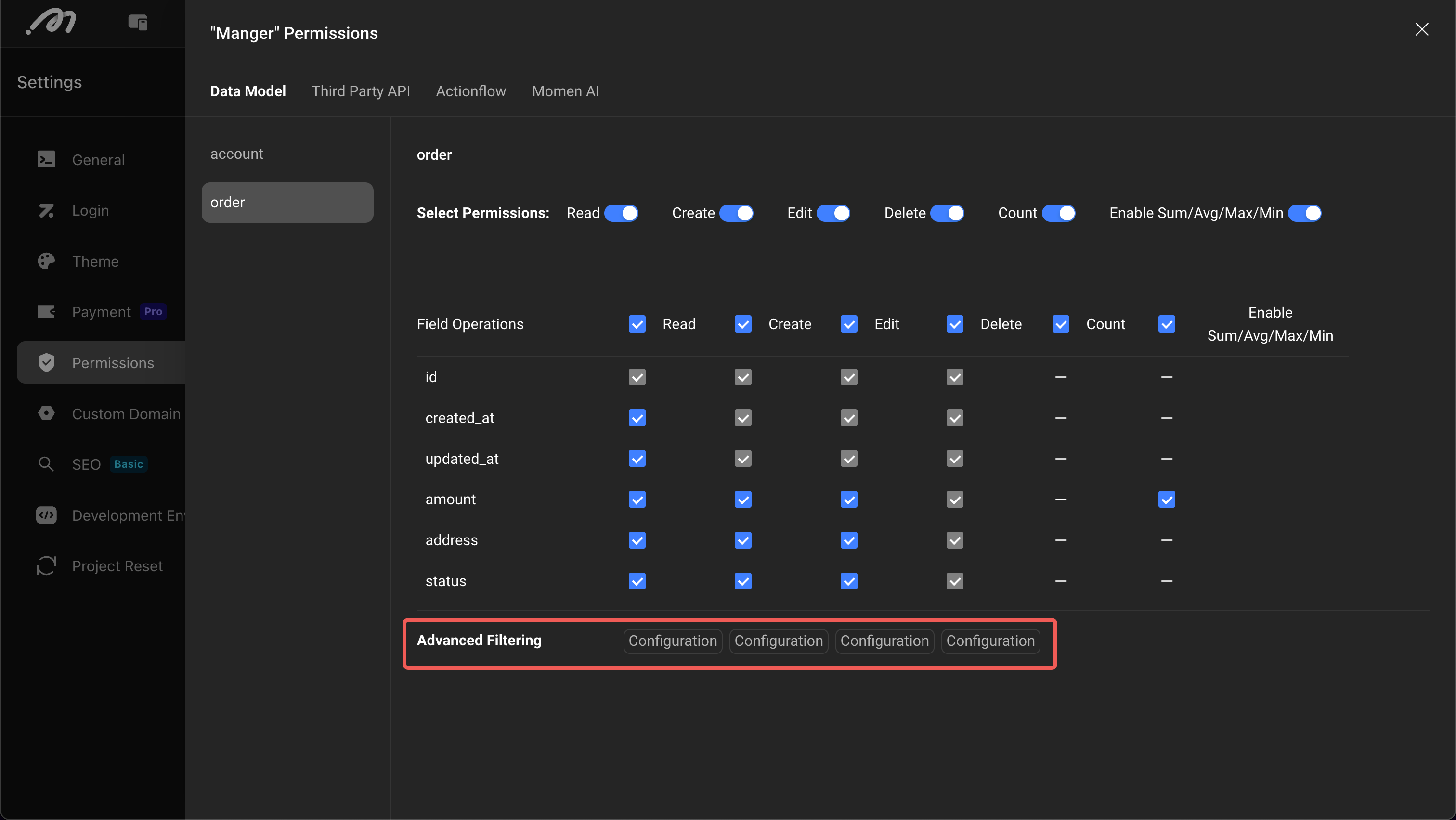 Advanced filtering configuration