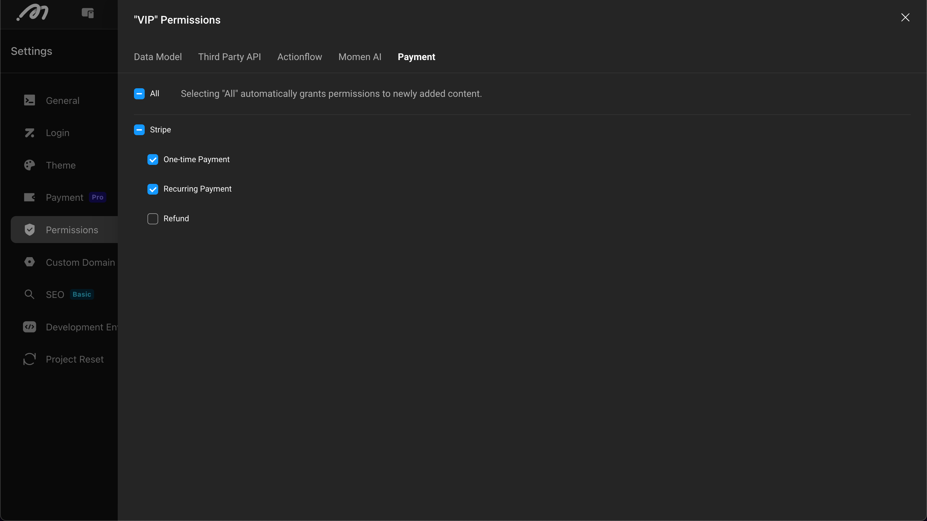Action permission configuration