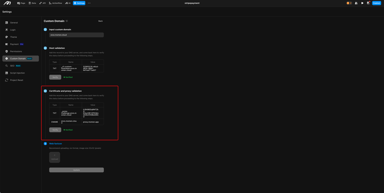 Momen custom domain CNAME records