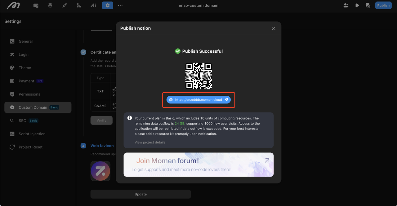 Momen custom domain web favicon