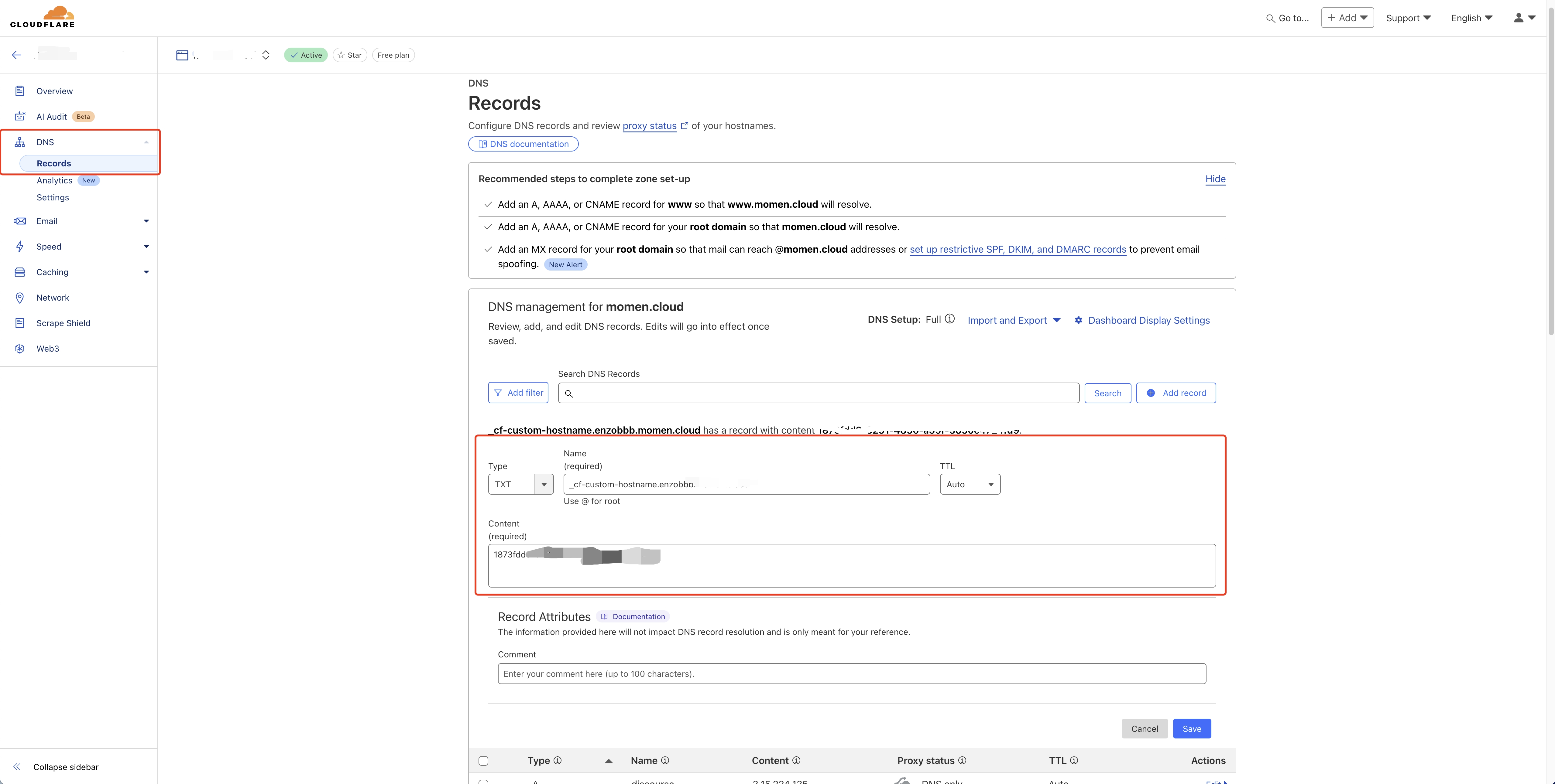 Momen custom domain txt records