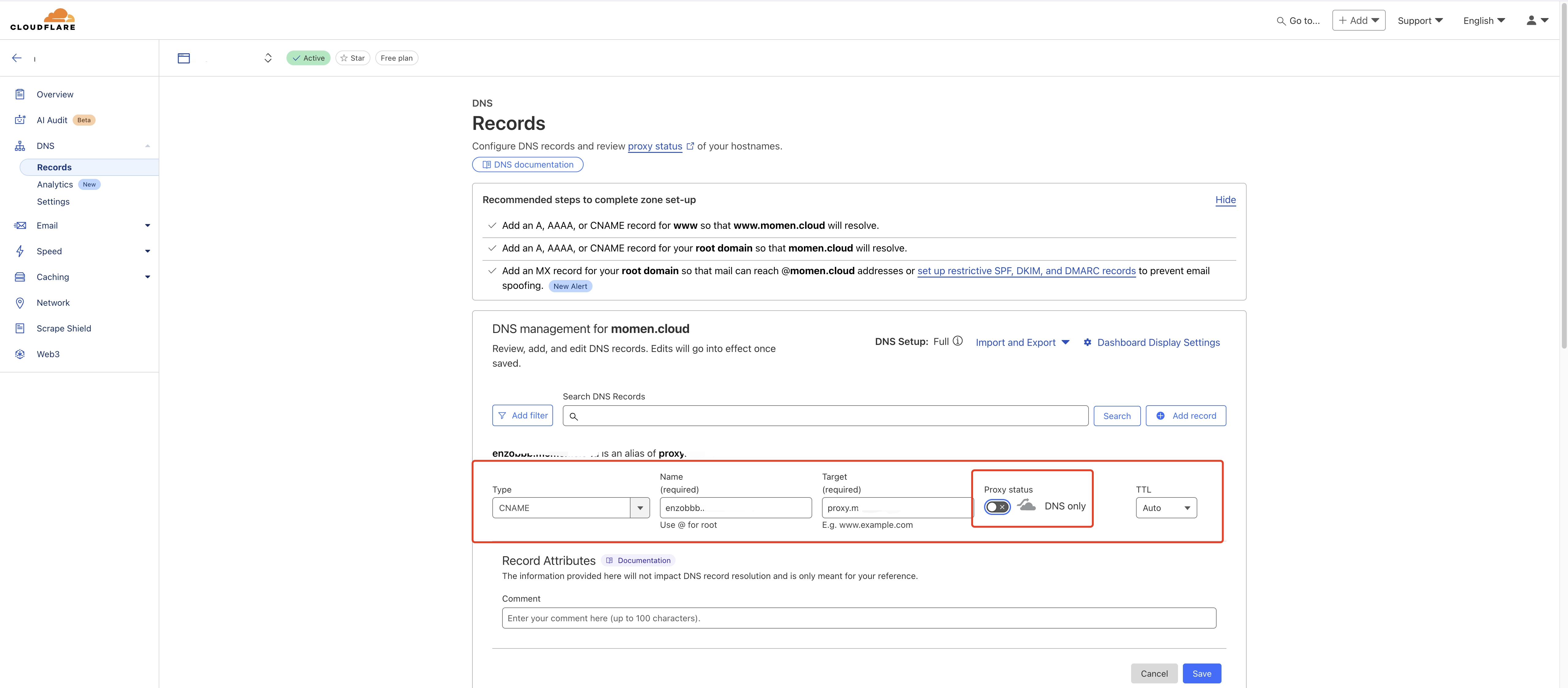 Momen custom domain CNAME records