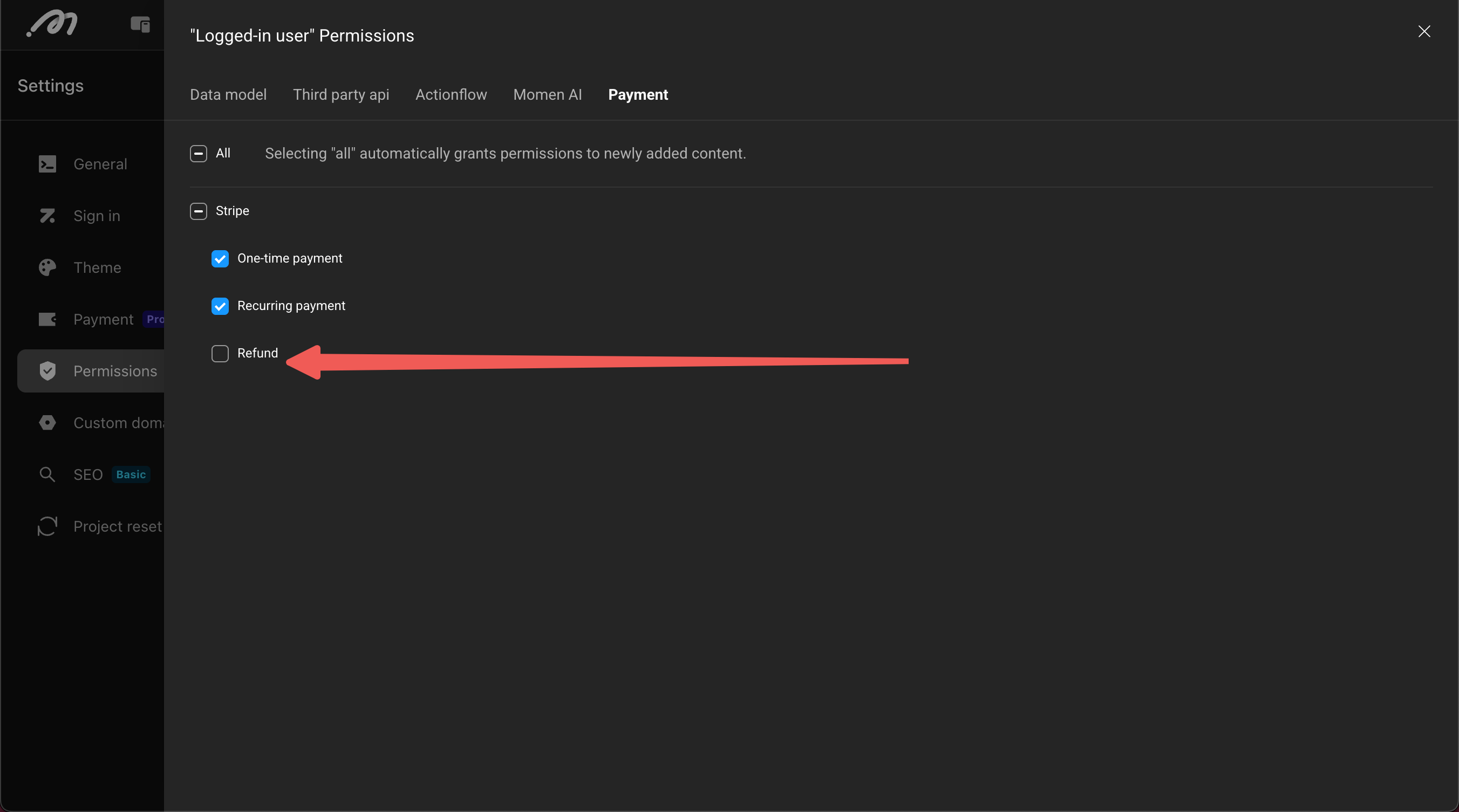 Refund permission configuration diagram