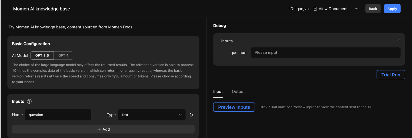 Configure input for your AI app in a no-code tool