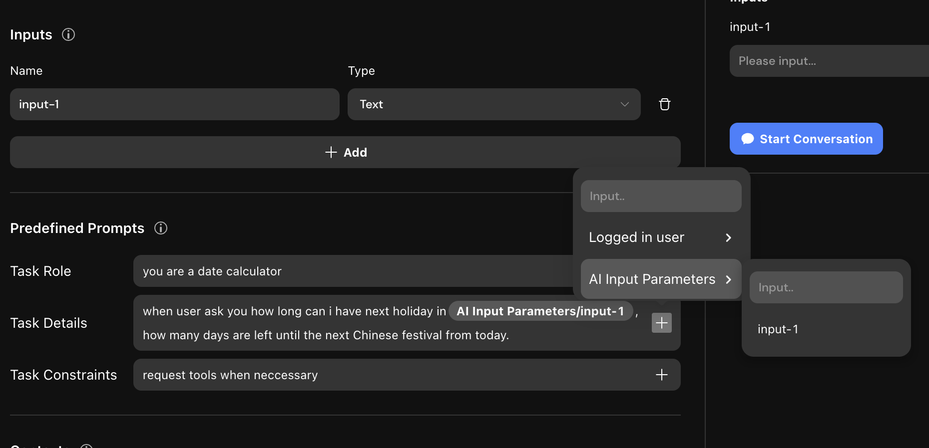 Input parameter configuration
