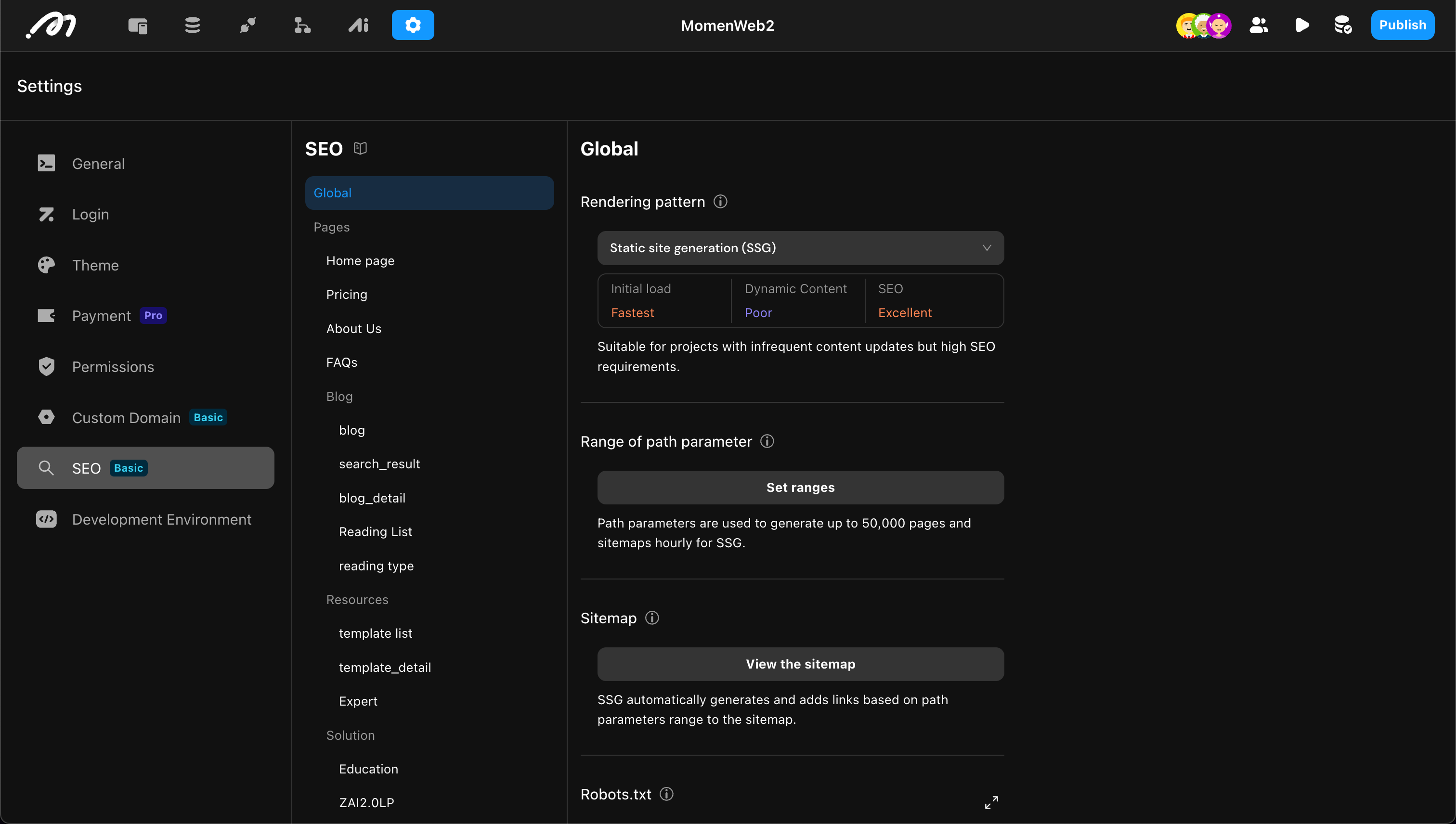 SEO settings entry in Momen