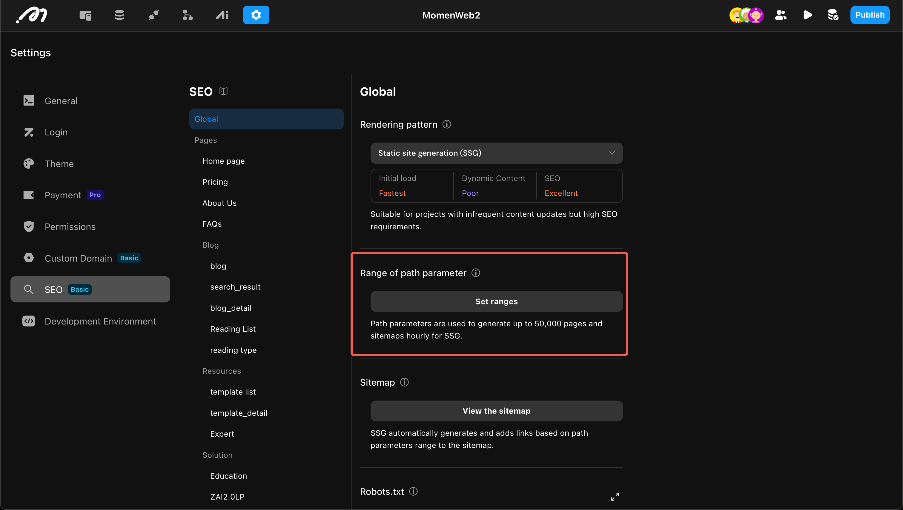 Static data path parameter configuration