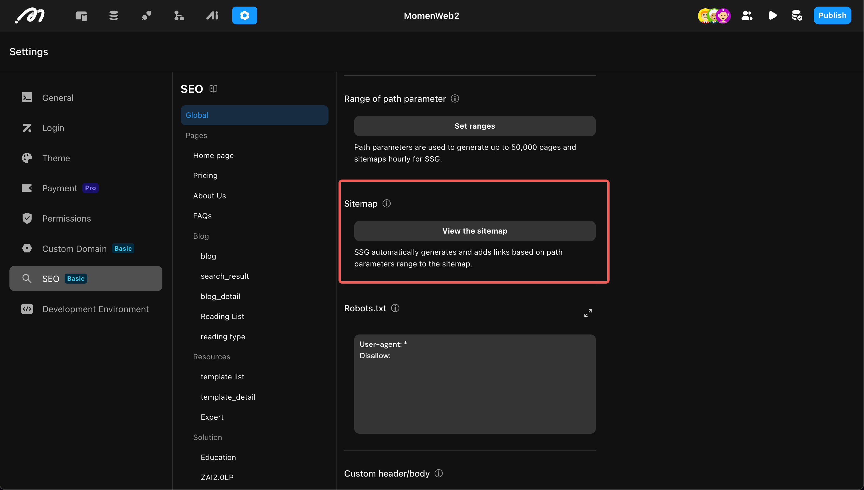Sitemap configuration in Momen