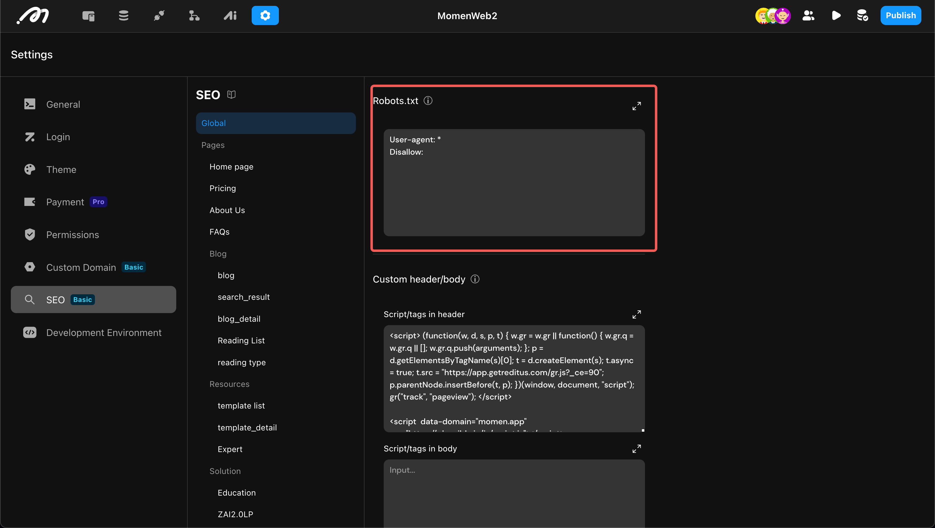 robots.txt configuration in Momen
