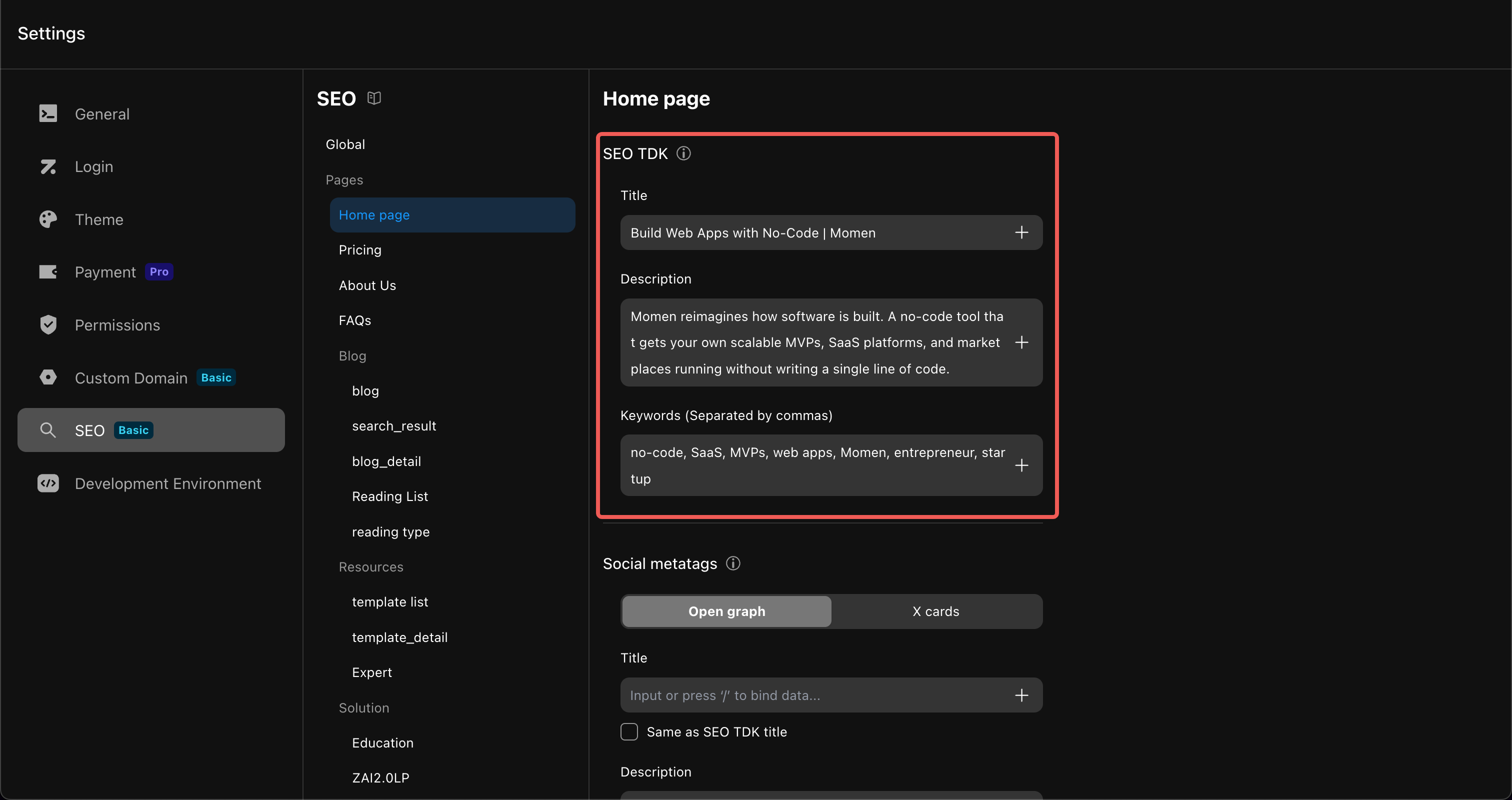 SEO TDK configuration in Momen